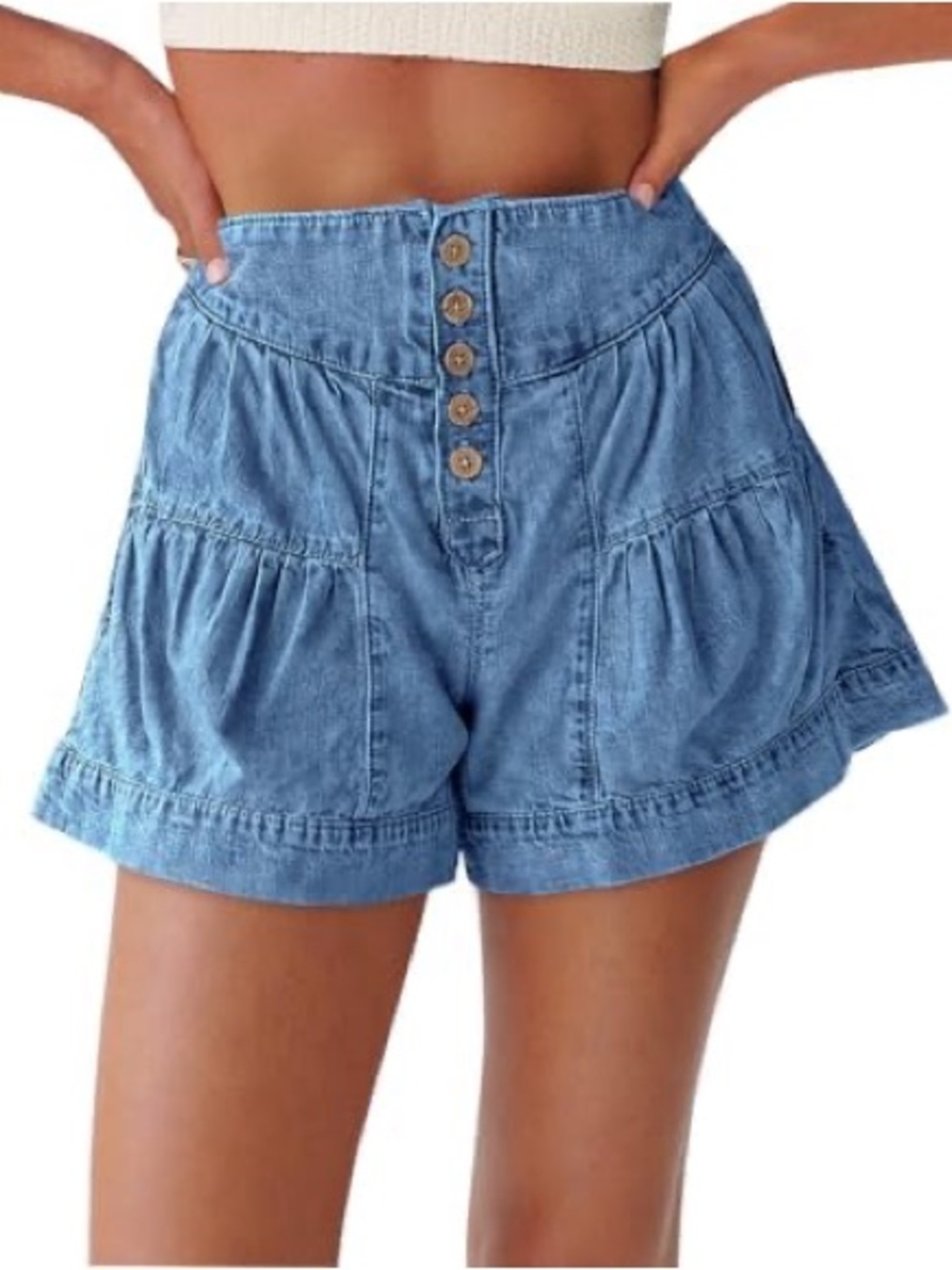 High waisted light blue denim button up shorts / Size 4